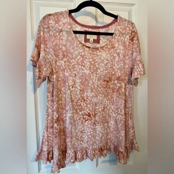 Cupio Women's Peach White Lavender Floral Ruffle Sleeve & Hem Pullover Top Large - Picture 2 of 11